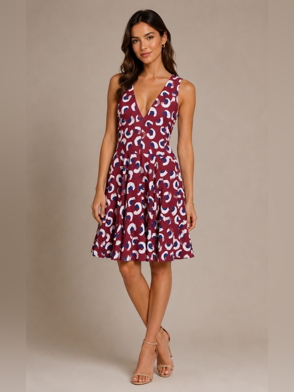 Elle Sasson Maroon Abstract Leopard Print V-Neck/Back Silk Cocktail Dress size 8